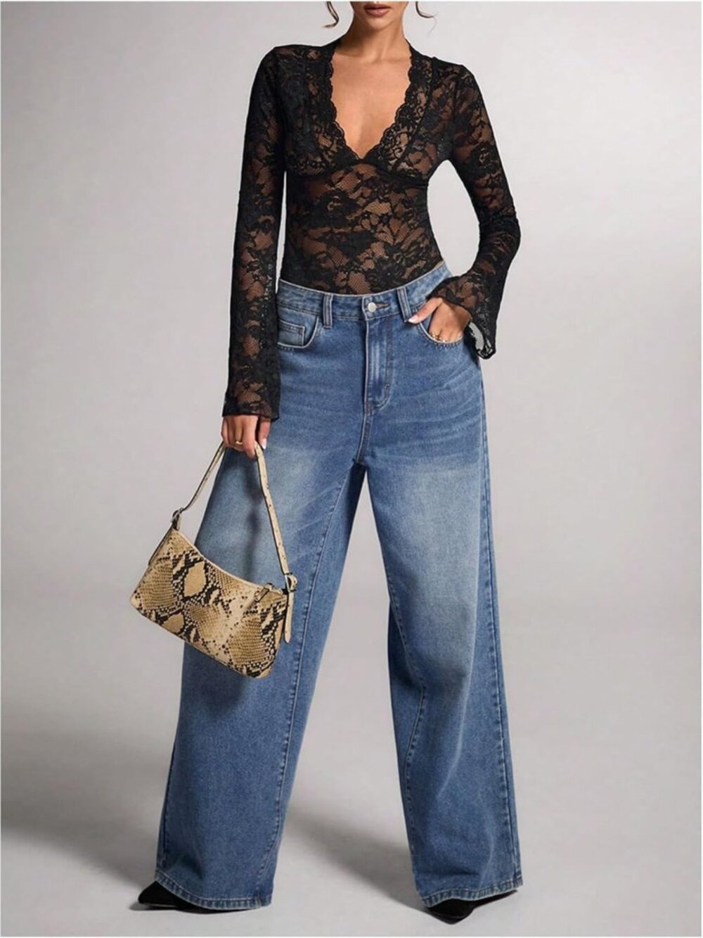 Sheer Floral Lace Bodysuit with Deep V Neck & Bell Sleeves - Slim Fit Leotard - Picture 3 of 5